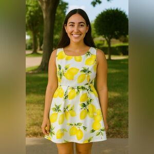 Lemon Chello Print Sleeveless Crew Peplum Dress by CRFS- Size Medium